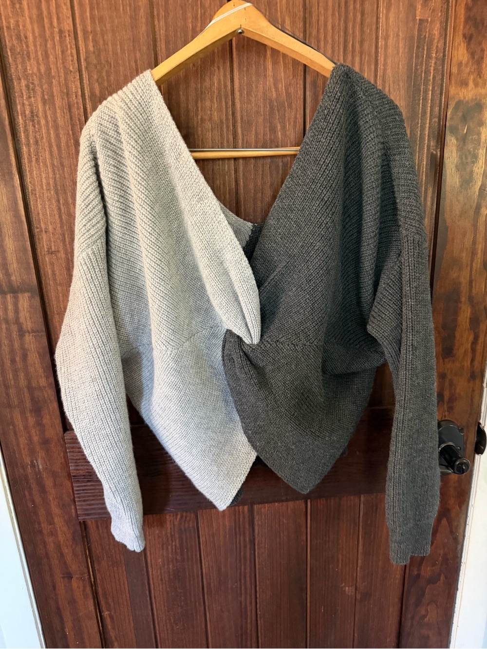 Two-Tone Gray Twist Back Knit Sweater